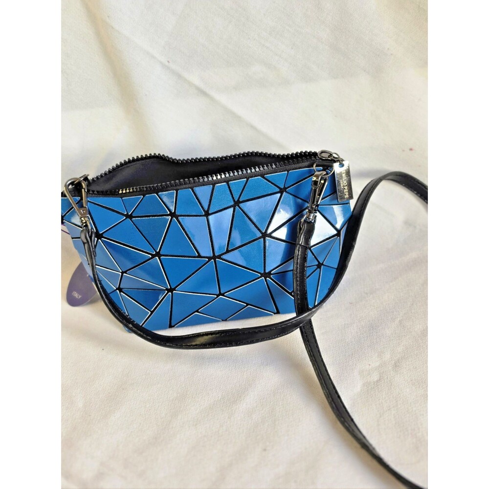 Emilio Pepe Italy Geometric Crossbody Bag Shiny Blue Leather Strap NWT 9.5 in